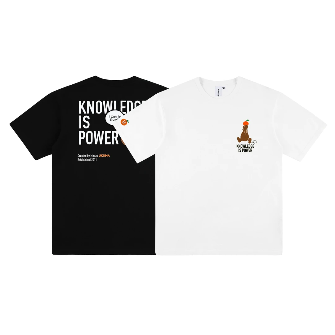 MMLABCREW UKUMA系列拿了橘子跑卡通印花白色黑色圆领短袖T恤