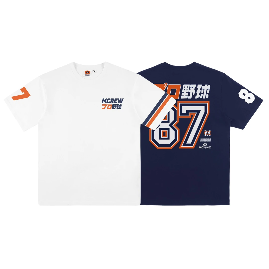 MCREW夏季新款プロ野球87号印花磨毛白色藏青蓝纯棉圆领短袖T恤