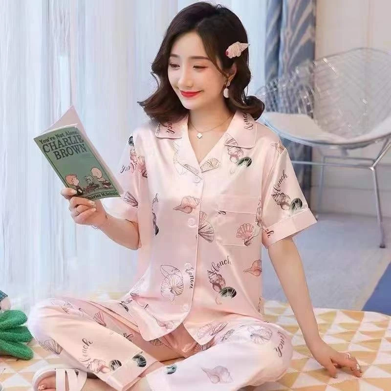 2025春夏女款冰凉丝滑短袖长裤睡衣家居服套装