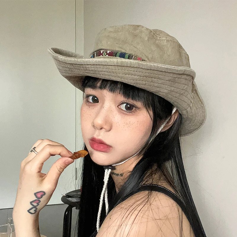 民族风牛仔帽/复古辣妹渔夫帽防晒西部探险帽两戴水洗中性帽子男