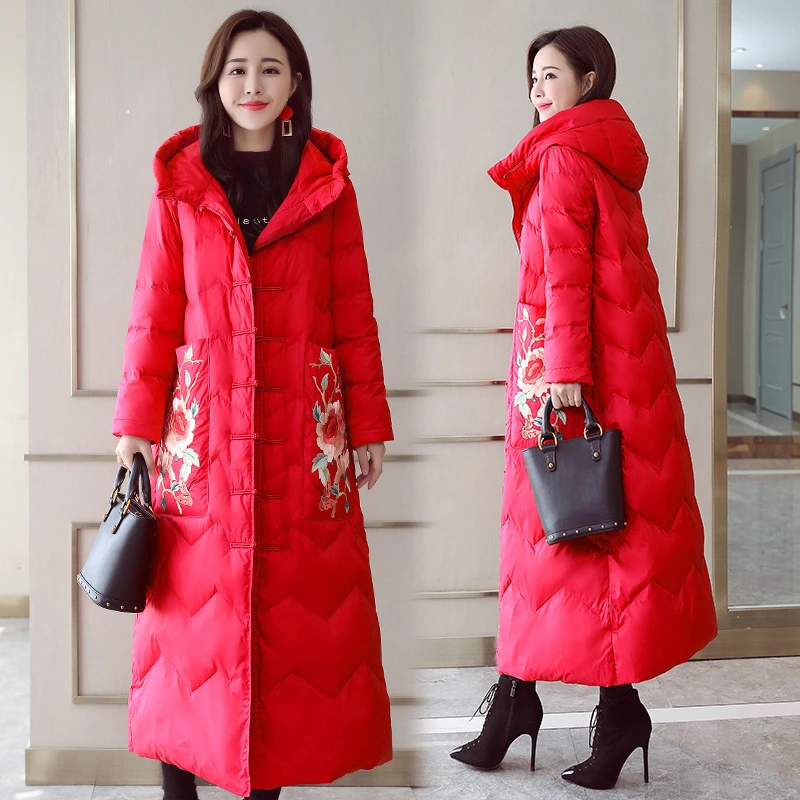 民族风棉服女中长款2025新款刺绣过膝棉袄中国风棉衣加厚冬装