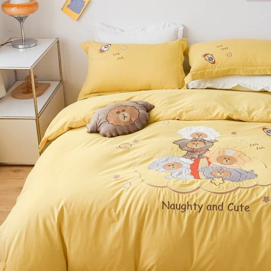 黄网红绣花全棉儿童四件套纯棉被套床单三件套床品套件家纺可爱