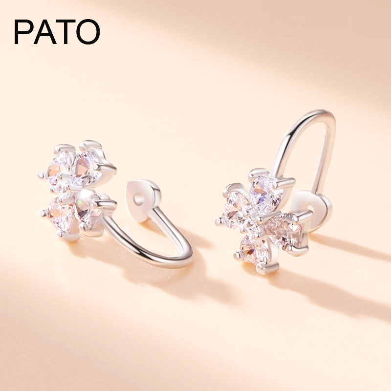 PATO 925银合成锆石耳饰 纯银四叶草耳环耳钉气质耳夹无耳洞耳饰