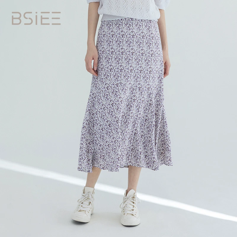 BSIEE本涩清新系碎花半身裙春夏季新品知性儒雅中长款A字裙女