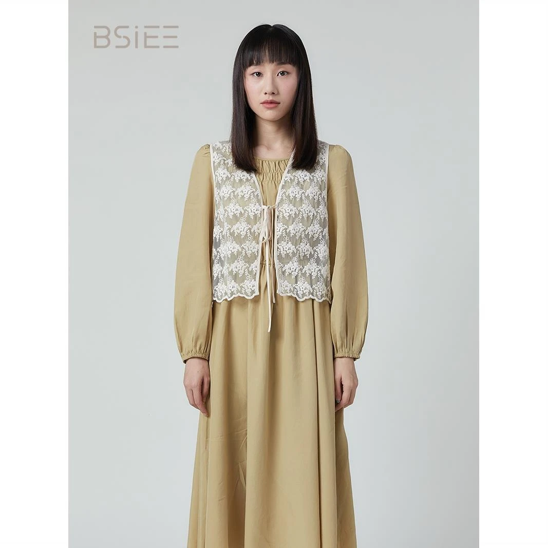 BSIEE/本涩复古拼接法式茶歇过膝连衣裙蕾丝马甲两件套女