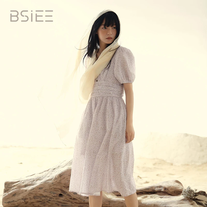 BSIEE本涩连衣裙女夏季新品高腰显瘦纯棉温柔小花长裙