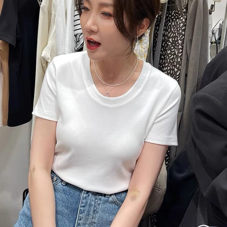 7309春夏夏季女显瘦百搭舒适螺纹短袖上衣方领半袖t恤时尚