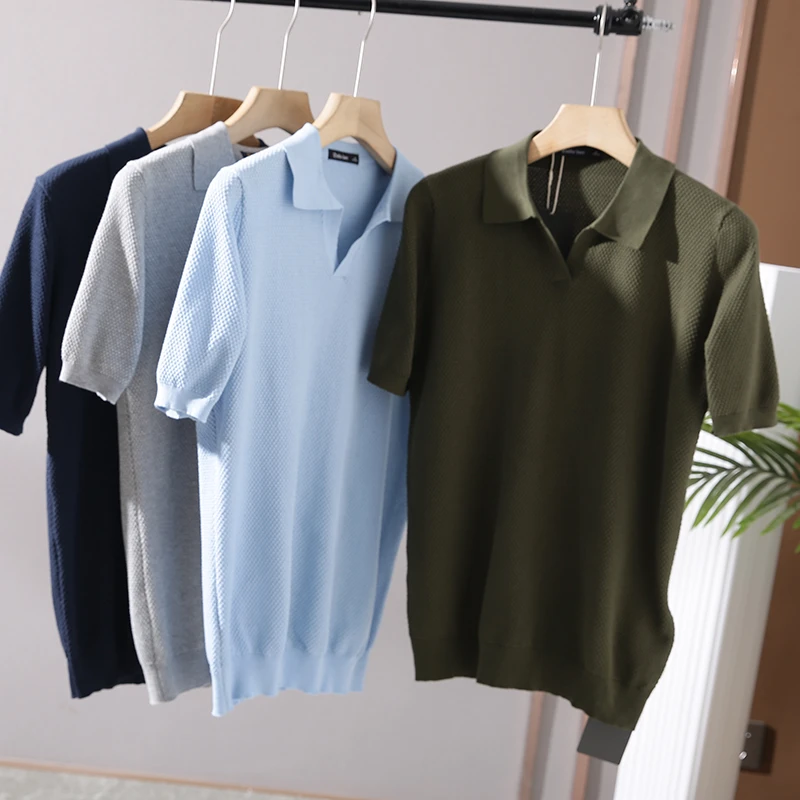 【小梁卖衣服】春款意式轻奢菠萝格 V领男士休闲商务POLO衫短袖时尚