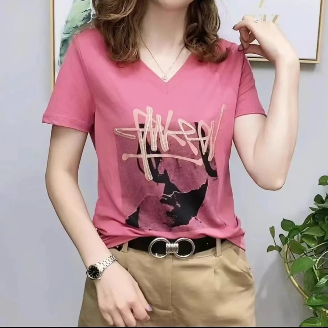 夏季女装穿搭2022夏季新款V领T恤时尚百搭气质上衣显瘦洋气休闲
