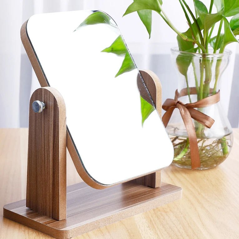 木质化妆镜台式女生学生宿舍家用便携大号梳妆镜子折叠旋转桌面镜