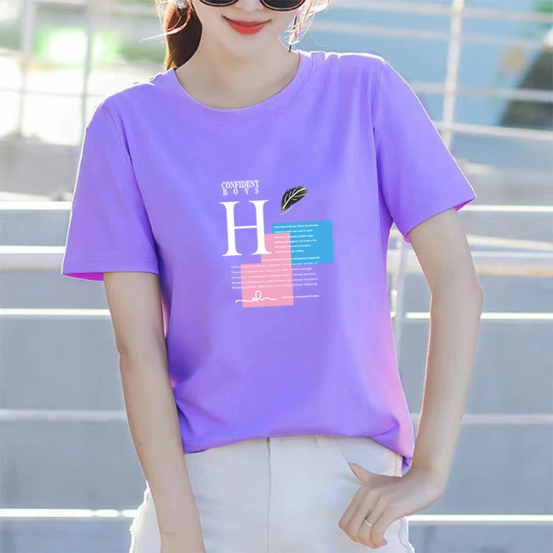 紫色新疆棉圆领宽松短袖T恤女2025新款印花大码休闲百搭半袖上衣