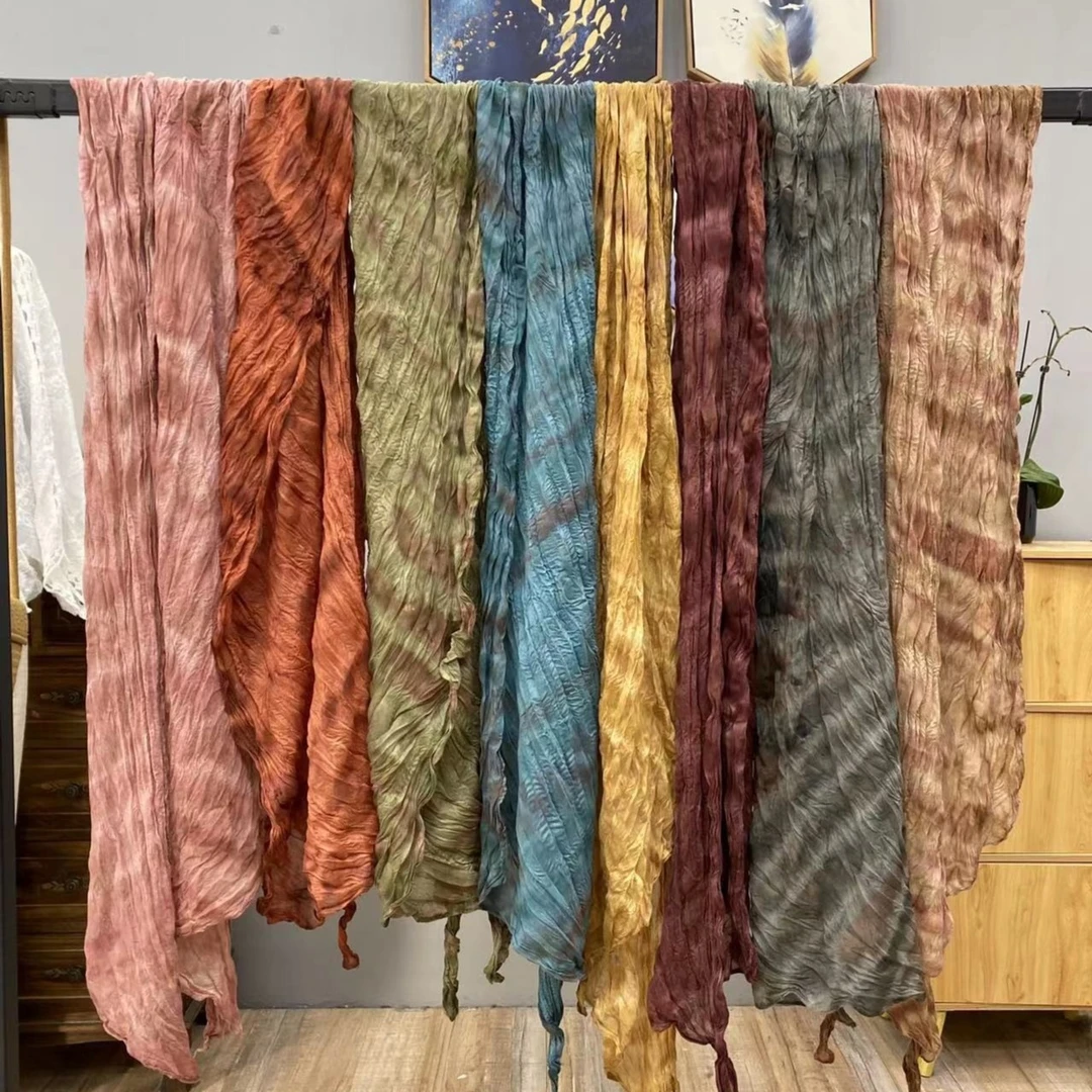 新款女士轻奢高级感民族风文艺扎染褶皱丝巾领巾百搭围巾护颈围脖