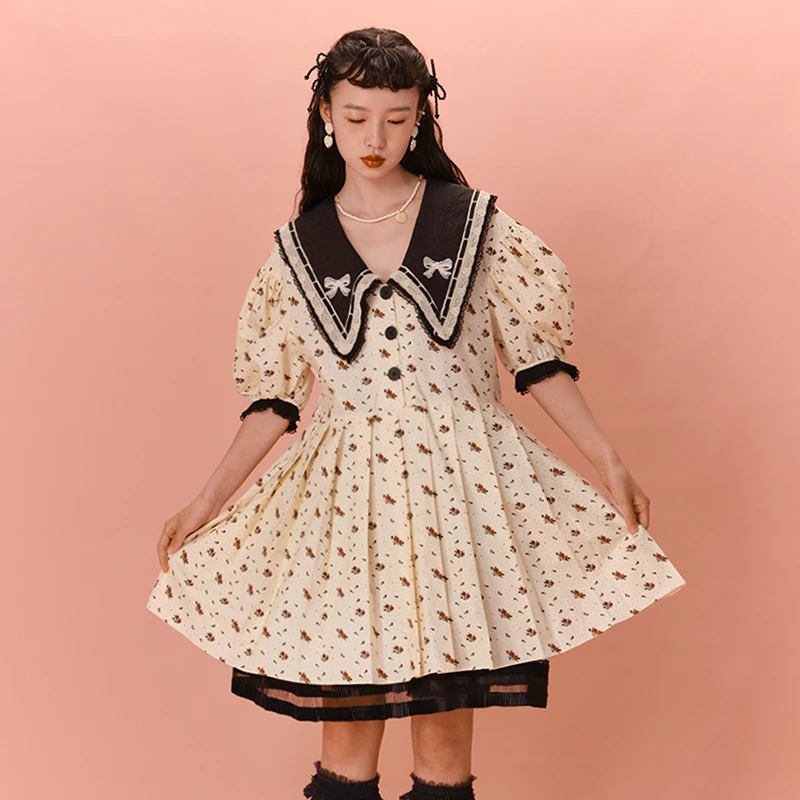 【MOF少女百货】 法式方领碎花连衣裙设计感a字裙