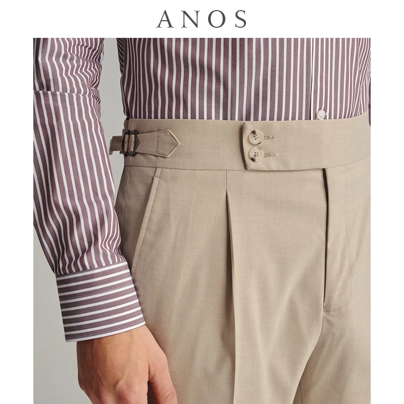 ANOS意式那不勒斯西裤男 卡其色肌理纹巴黎扣单褶修身百搭休闲裤