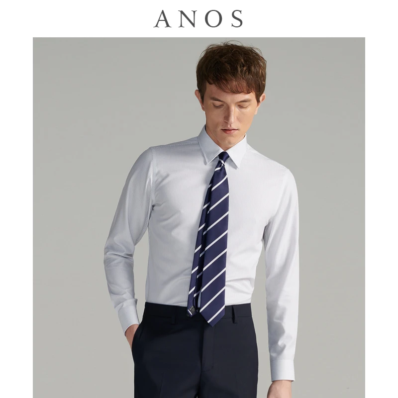 ANOS蓝色条纹衬衫男长袖春秋商务休闲正装免烫修身暗扣韩版衬衣