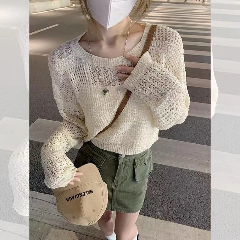 镂空长袖针织防晒衫女薄款宽松设计感短款空调罩衫外搭小清新上衣