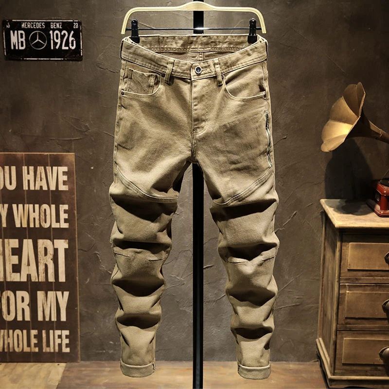 美式原创男士休闲工装裤卡其色潮牌百搭修身小脚长裤弹力高端简约