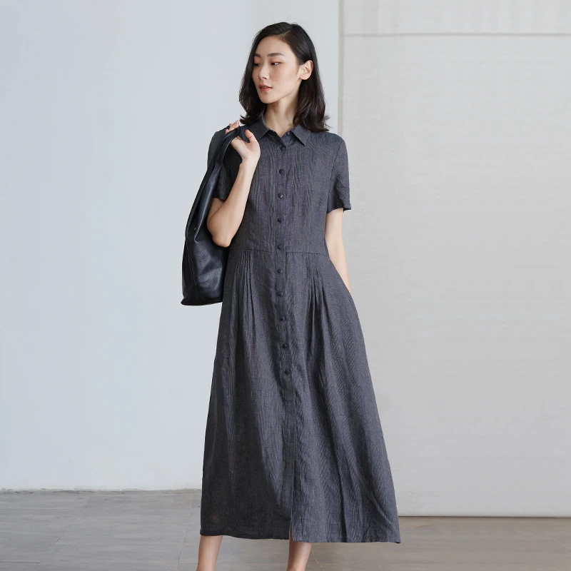 Q.TU原创设计女装亚麻色织条纹连衣裙2025新款夏短袖显瘦长裙2479