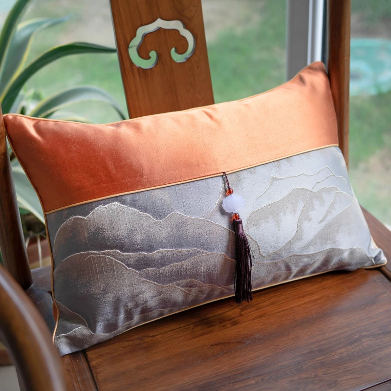 美物舍高端观山新中式抱枕靠垫红木沙发腰枕含芯抱枕套橙色靠包金