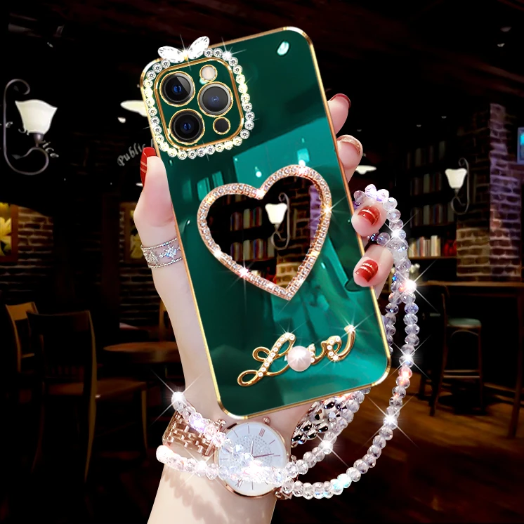 苹果13promax手机壳网红镶钻潮流女款iPhone13pro防摔爱心镜软壳