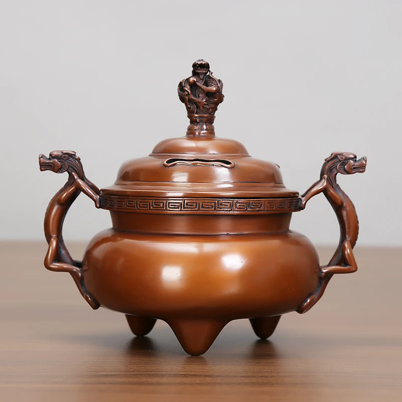 紫铜梵龙香薰炉全铜三足梵龙耳香薰炉三足带盖传统中式铜香炉
