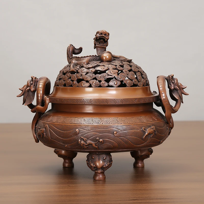 紫铜龙钮海水八怪香薰炉全铜天龙八部三足带盖紫铜室内高档香薰炉