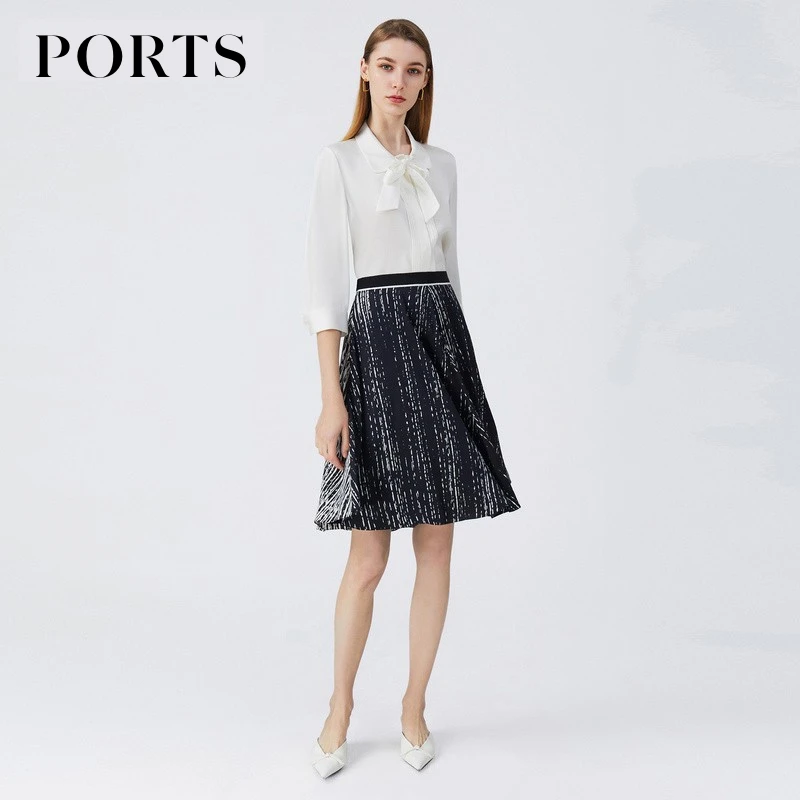 PORTS宝姿女款春夏款百搭通勤气质简约印花a字时尚蕾丝百褶半身裙