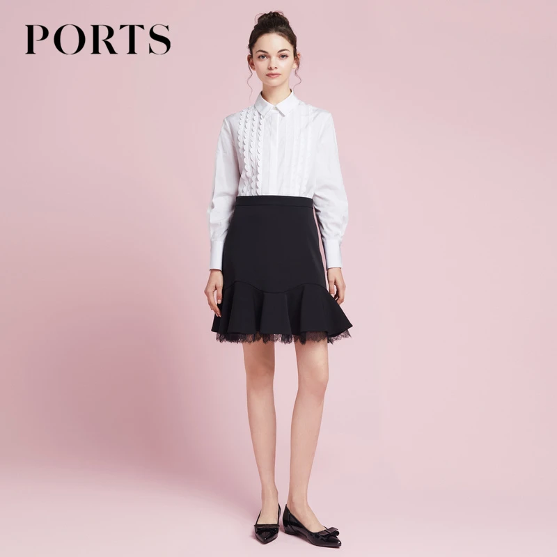 PORTS宝姿女装 春季款百搭通勤风时尚白色简约波浪叠片装饰衬衫女