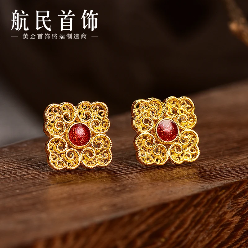航民首饰 黄金耳钉足金古法珐琅四方如意耳饰XYJ1255工费120元/件