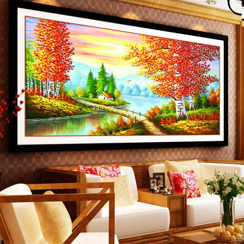 精准印花十字绣金色年华金色富锦枫叶景色新款客厅大画推荐全绣
