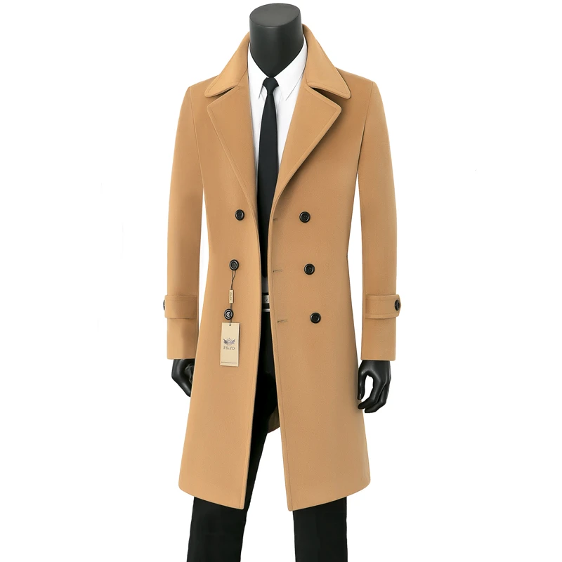 男士羊双面绒英伦毛呢韩版修身保暖长款双排扣翻领柴斯特大衣商务