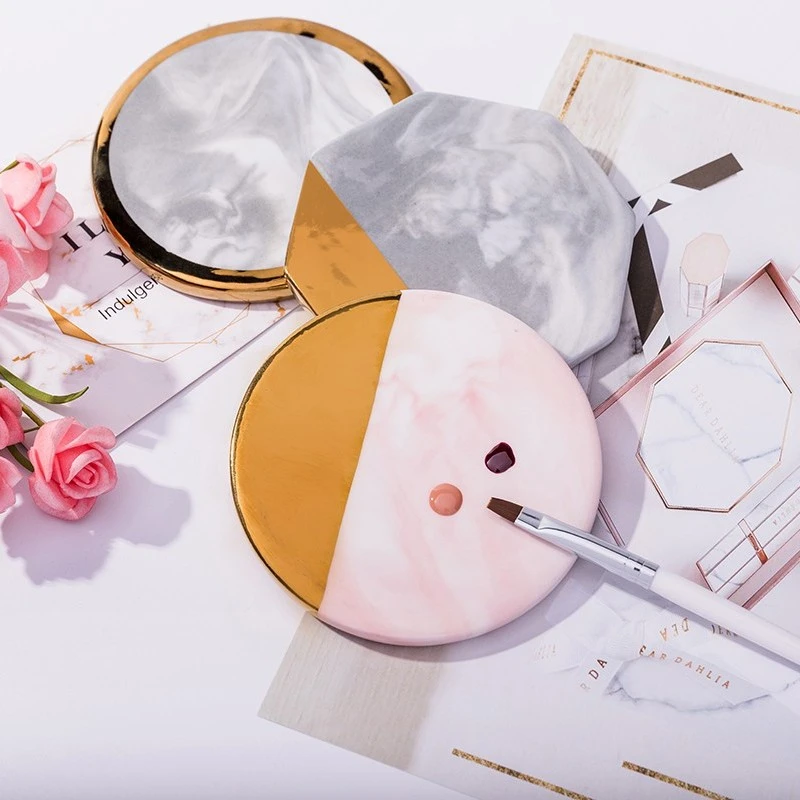 ins风网红新款大理石纹金边陶瓷调色盘板美甲款式拍照展示道具