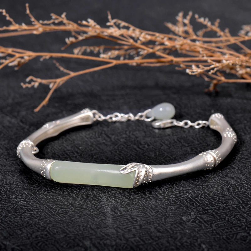 林凤物和田玉竹节手镯手环天然正品925银女款细条精致节节高手链