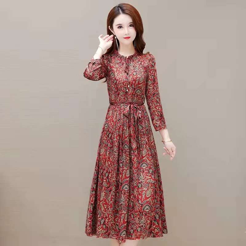 2022春季新款洋气遮肉醋酸华尔缎中长款连衣裙