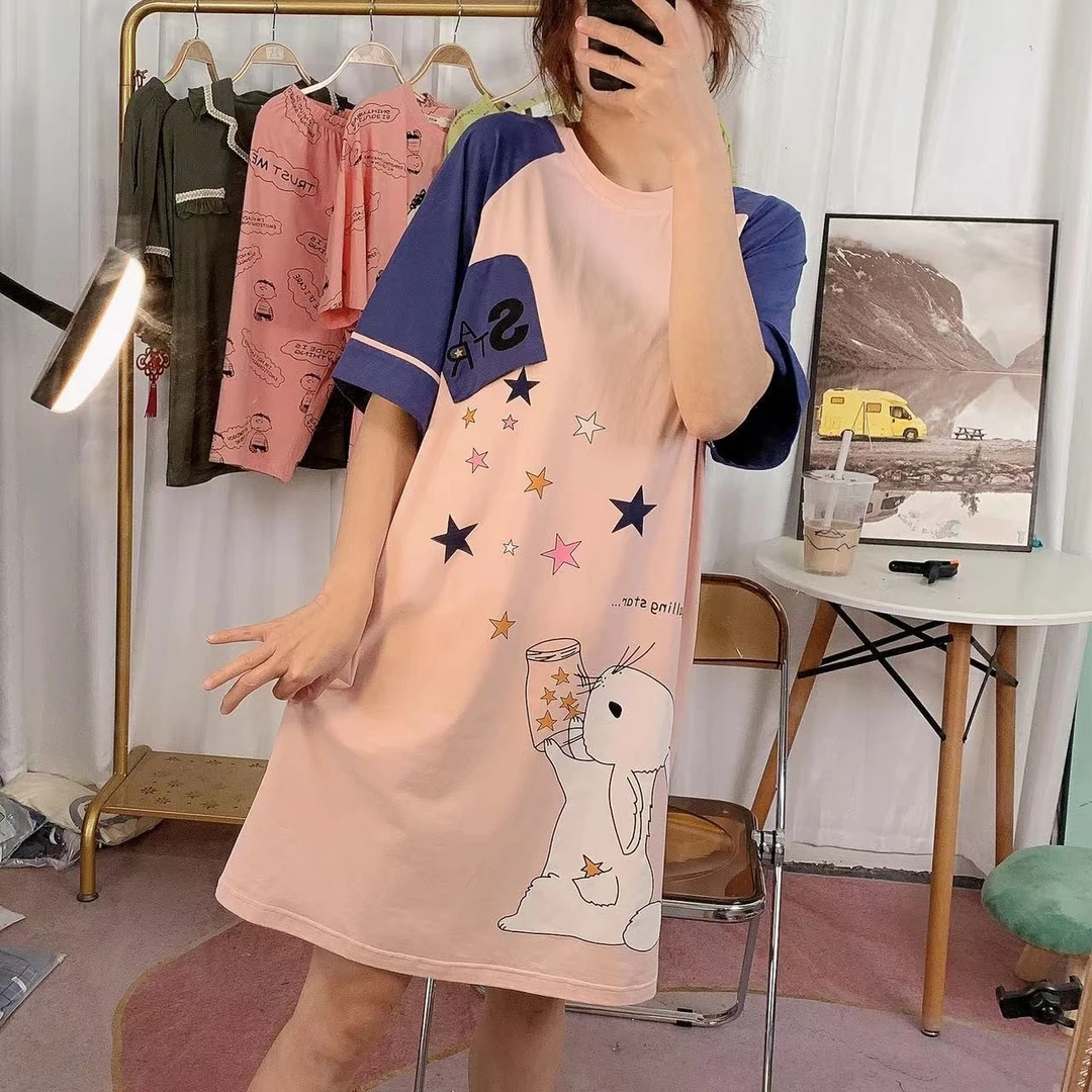 粉色少女夏季爽棉纯棉短袖睡裙家居服可爱宽松有弹力睡裙韩版卡通