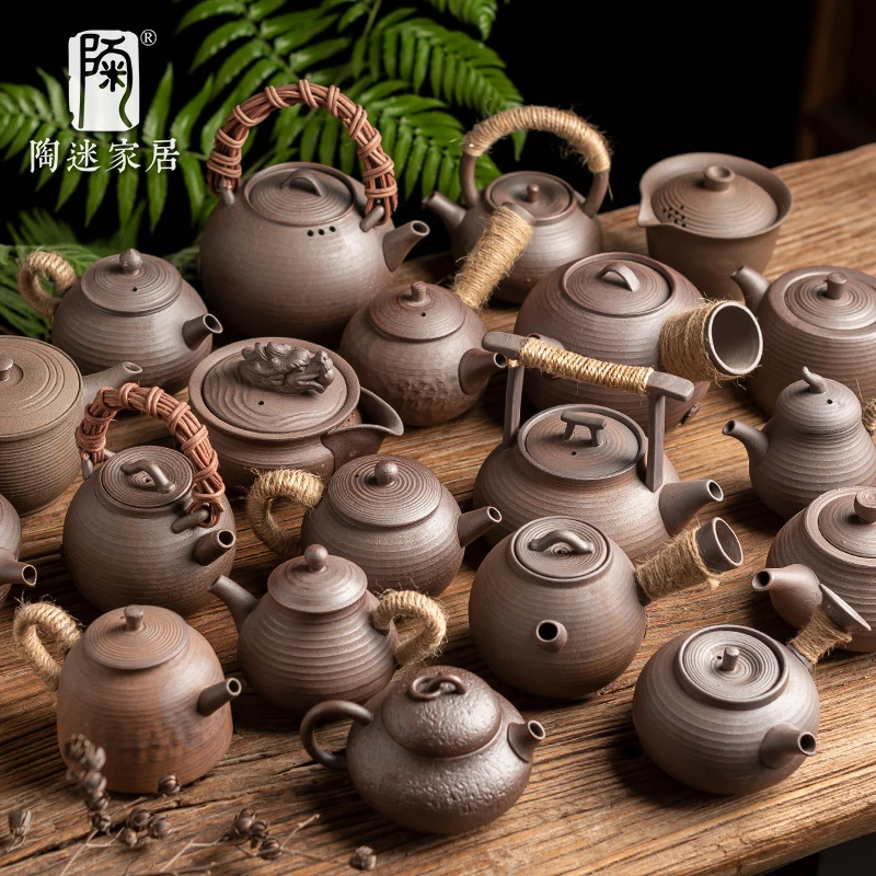 陶迷粗陶茶壶茶具不上釉大容量正把壶侧把壶绑绳提梁壶西施壶