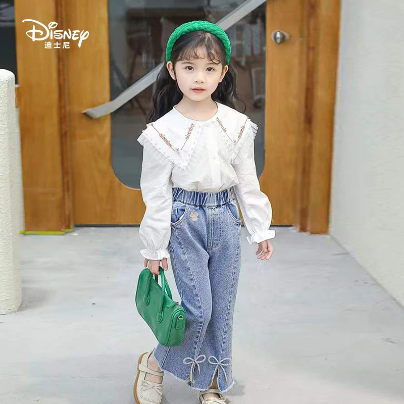 Disney/迪士尼【m】喇叭袖衬衫中大童衬衫加微喇弹力牛仔裤潮套装A