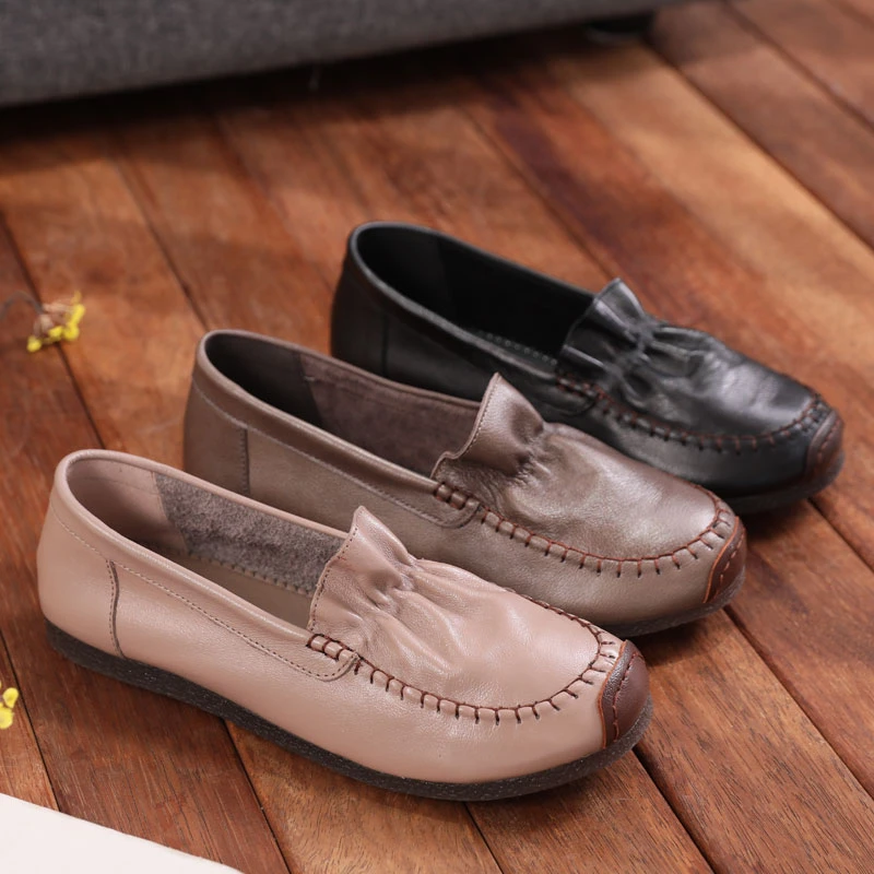 舒适一脚蹬妈妈鞋春秋款牛筋底豆豆鞋女单鞋平底软面皮鞋真皮软底