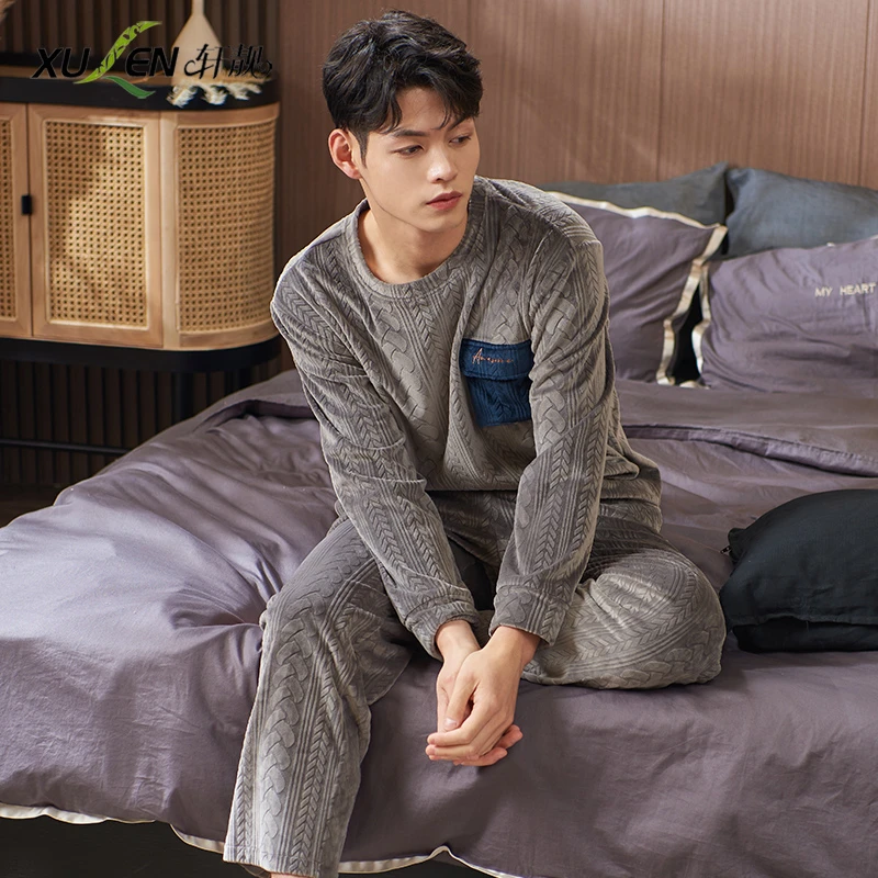 海岛绒睡衣男春秋季薄款长袖保暖珊瑚绒可外穿加厚家居服宽松套装
