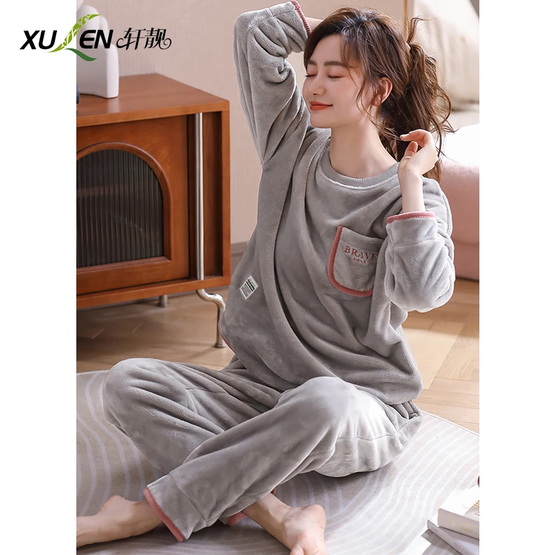 法兰绒睡衣女士秋冬款冬季加厚加绒大码保暖珊瑚绒套头家居服套装