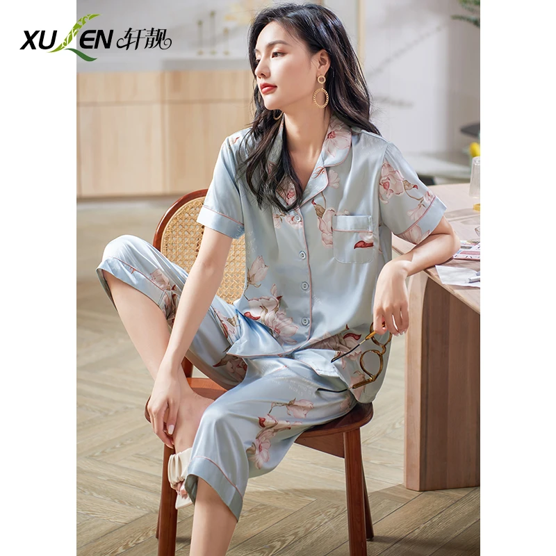 妈妈睡衣女士夏天薄款冰丝短袖七分裤夏季开衫家居服仿真丝绸套装