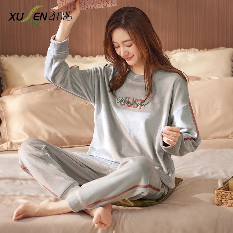 睡衣女士春秋季海岛绒加厚保暖薄款珊瑚绒套头圆领家居服大码套装