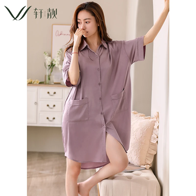 冰丝开衫睡裙女士夏季薄款短袖仿真丝绸凉感睡衣家居服大码连衣裙
