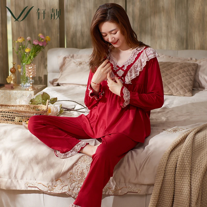 红色睡衣女套装春秋莫代尔薄款长袖新娘结婚公主风家居服大码套装