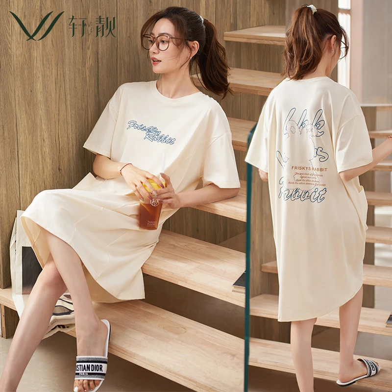 白色睡裙女夏季薄款纯棉短袖半袖中长裙睡衣孕妇家居服大码连衣裙