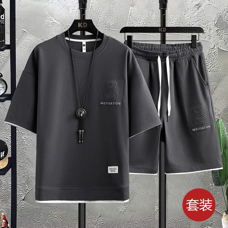 华夫格t恤一整套装男士痞帅气夏季短袖短裤2025新款休闲衣服爆款