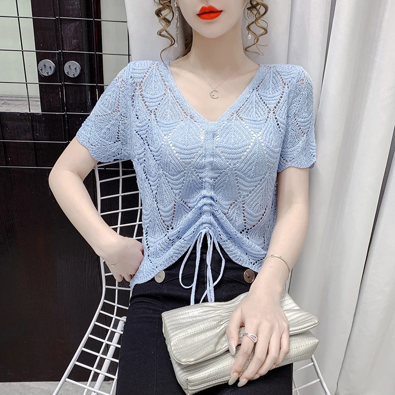 （阿芝专属）夏装新款韩版V领t恤短袖镂空针织女短款防晒罩衫86216