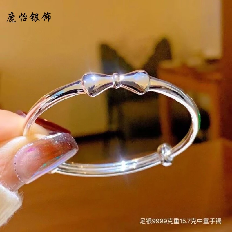 鹿怡 足银手镯 18/20克999.9推拉蝴蝶结镯子中百搭宝宝一对亲子款