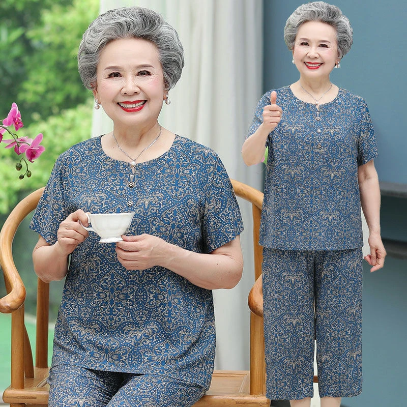 老年人夏装女棉绸两件套60到70妈妈短袖80奶奶上衣高龄老太太套装