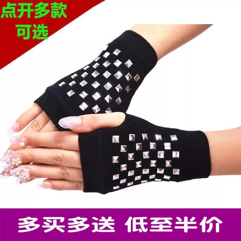 水兵舞手套露指演出红五星铆钉无指表演半截时尚水钻印花针织手套